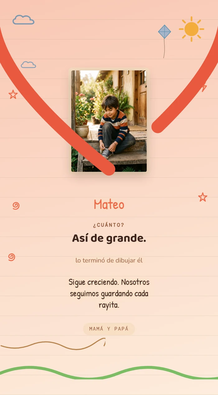 El cierre de Así de grande: el corazón de crayón que rodea la última foto del niño, con su nombre y la frase «¿Cuánto? Así de grande.»