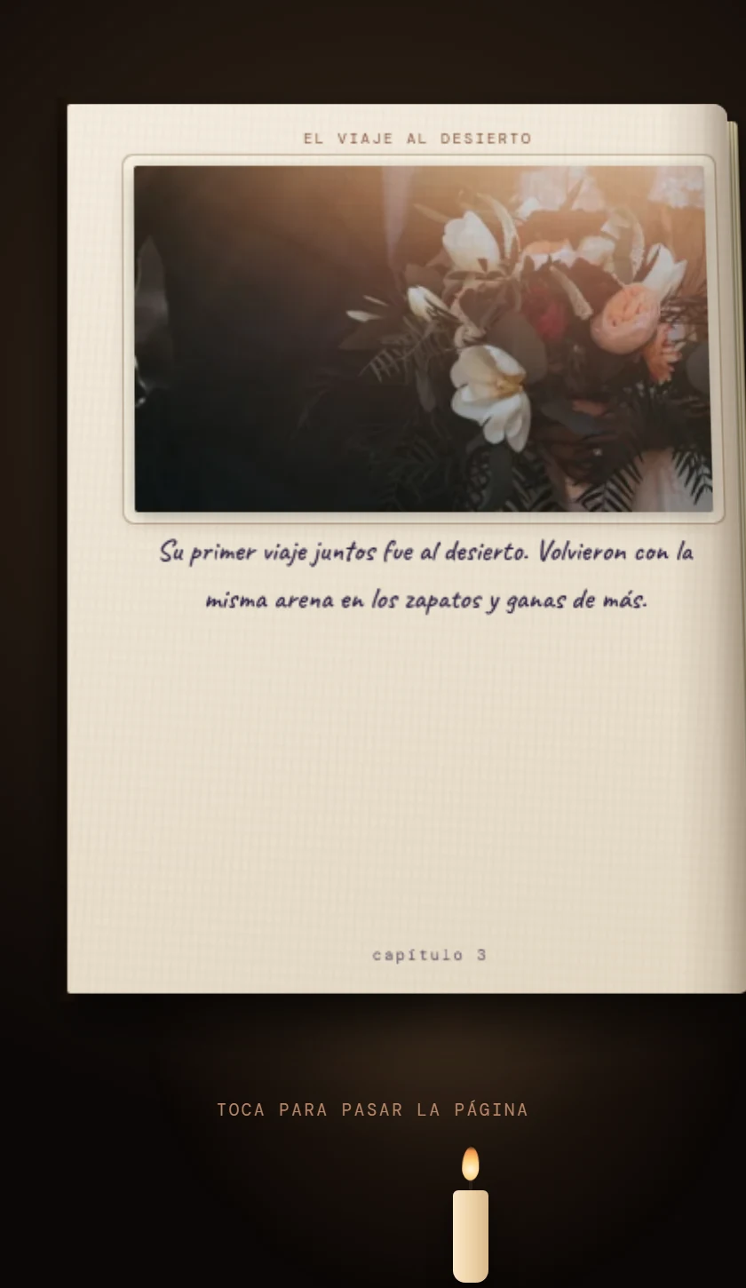 La escenografía del libro: la página abierta con el título del capítulo, la foto enmarcada y el texto escrito a mano, iluminada por una vela.