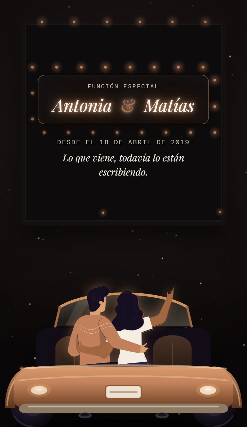 El cierre de Historia de amor: el cartel de bombillas del autocine encendido, con los nombres de la pareja y la fecha en que empezó su historia.